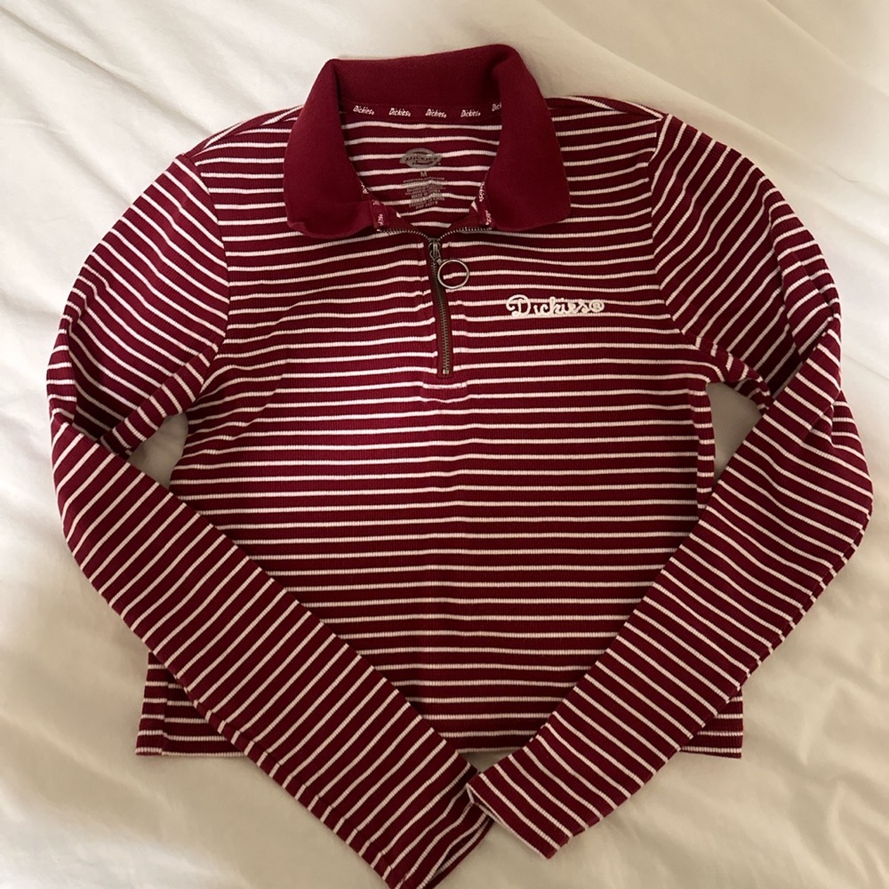 Burgundy & White Striped Cropped Long Sleeve 1/4 Zip Shirt❗️